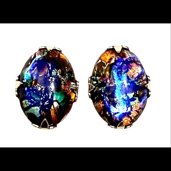 ANTIQUE Opalescent Foiled Glass Earrings Art Deco - Picture 1 of 4